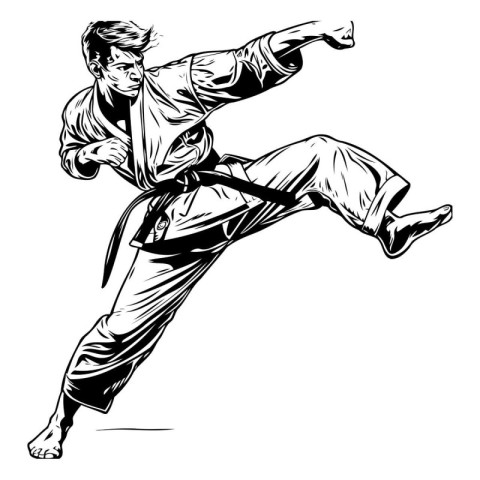 Taekwondo. Martial arts. Black and white vector illustration