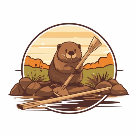 Cartoon beaver with an ax on a rock. Vector illustration.