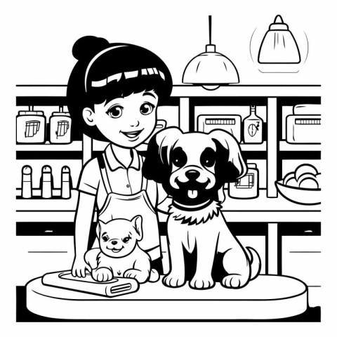 Girl with dog and scales in pet shop. Black and white vector ill