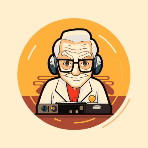 Doctor with headphones and record player. Vector illustration in