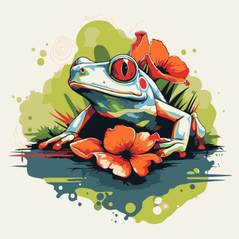 Frog on a grunge background with flowers. Vector illustration.