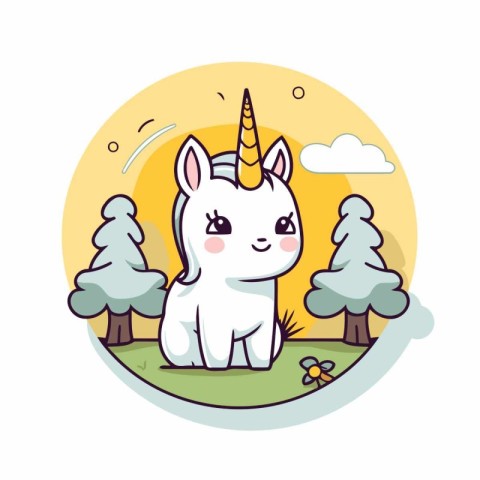 Cute unicorn in the park. Vector illustration in cartoon style.