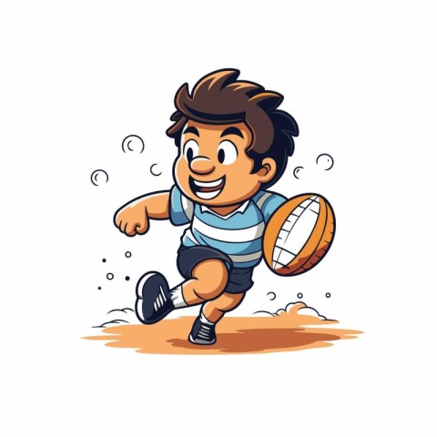 Cartoon rugby player running with ball. Vector illustration isol