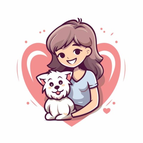 Cute cartoon girl with her dog. Vector clip art illustration.