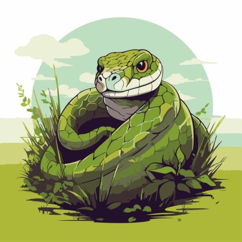 Green snake on the meadow. Vector illustration of a snake.