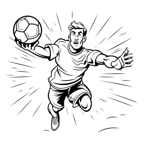 Soccer player jumping and kicking the ball. Black and white vect