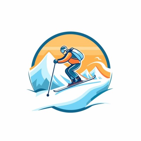 Skiing in mountains. Vector illustration of a skier skiing in th