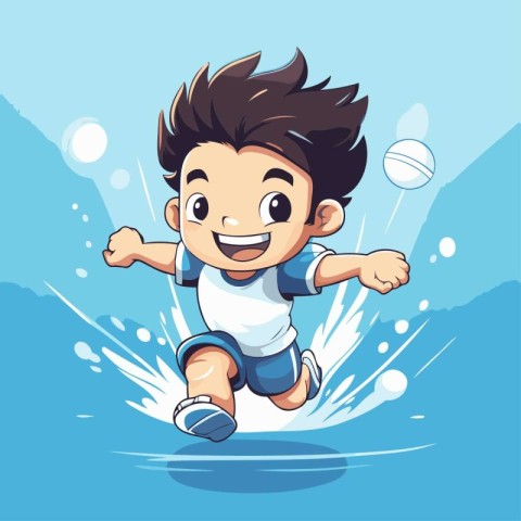 illustration of a boy playing volleyball on a blue background wi