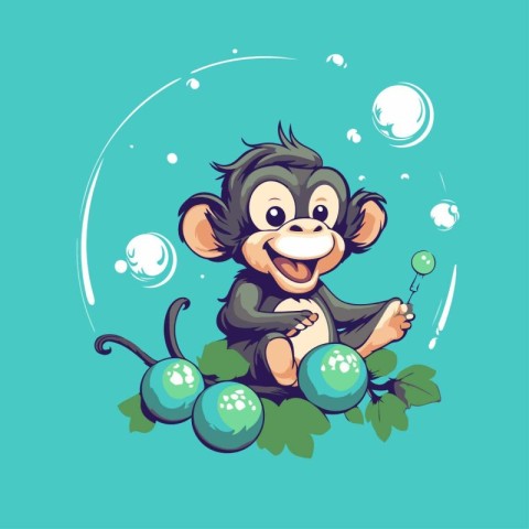 Cute monkey with balls on a green background. Vector illustratio