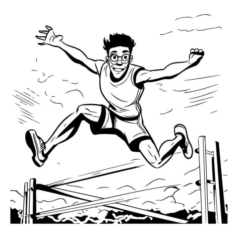 Man jumping over obstacle. Black and white vector illustration o