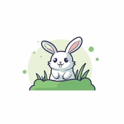 Cute cartoon bunny sitting on grass. Vector illustration in flat