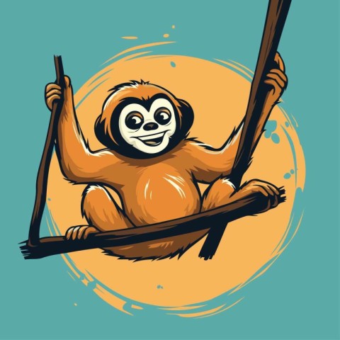 Monkey on a swing. Vector illustration of a cartoon character.