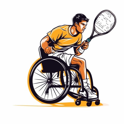 Wheelchair tennis player with racket and ball. Hand drawn vector