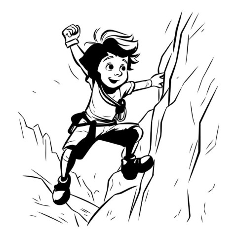 Kid climbing on a cliff. Black and white vector illustration in