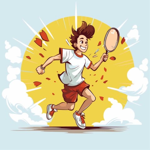 Young man playing badminton. Vector illustration in cartoon styl