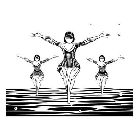 Women swim in the pool. Black and white vector illustration for