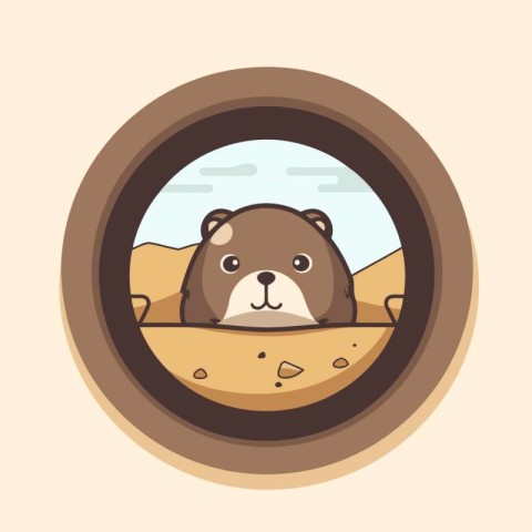 Cute cartoon beaver in a hole in the sand. Vector illustration