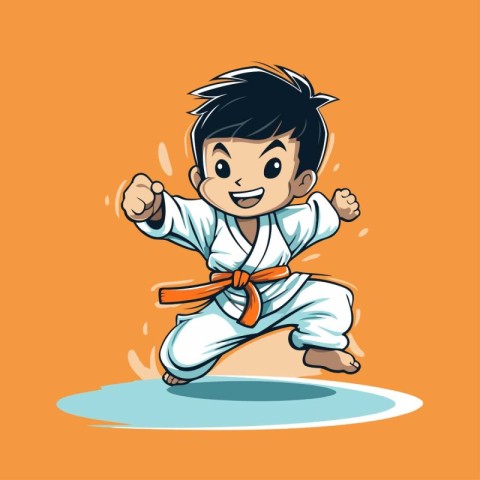 Vector illustration of a karate boy in kimono on orange backgrou