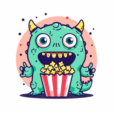 Cute monster with popcorn. Vector illustration in flat cartoon s