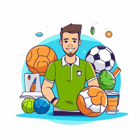 Soccer player with ball. racket and equipment. Vector illustrati