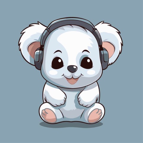 Cute cartoon koala with headphones. Vector illustration on blue