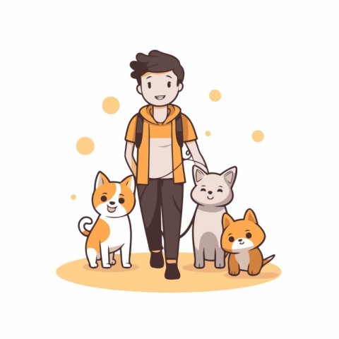 Vector illustration of a man walking with dogs. Cute cartoon cha