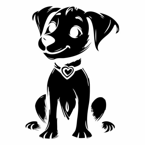 Vector image of a dog with a heart in his mouth. Black and white