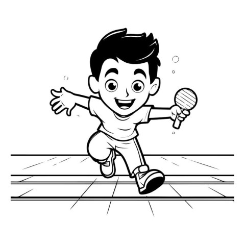 Black and White Cartoon Illustration of Kid Playing Table Tennis