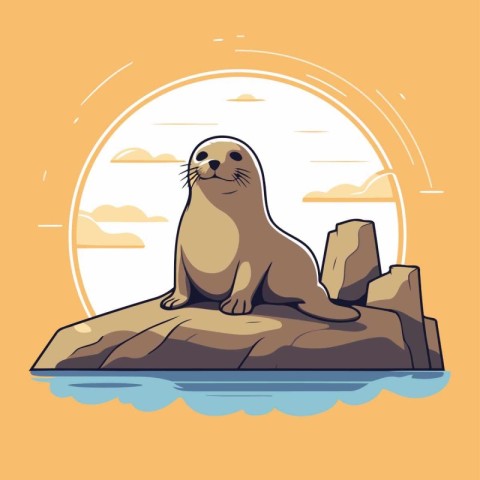 Sea lion on the rock. Vector illustration in flat design style.