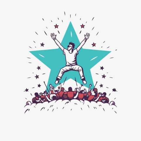 Crowd of people with raised hands and star. Vector illustration.