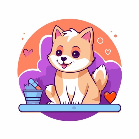 Cute cartoon fox sitting on the background of hearts. Vector ill