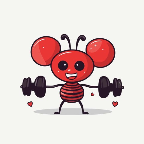 Cute red ant doing exercise with dumbbells. Vector illustration.