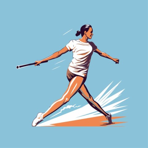 Vector illustration of a girl playing badminton. Side view.