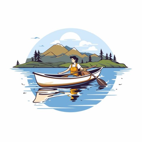 Kayaking on the lake. Vector illustration in a flat style.