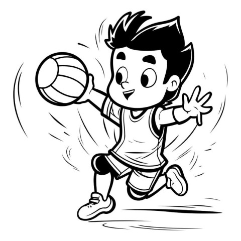 Black and White Cartoon Illustration of Kid Playing Basketball o