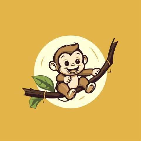 Cute monkey sitting on the branch. Vector illustration in cartoo