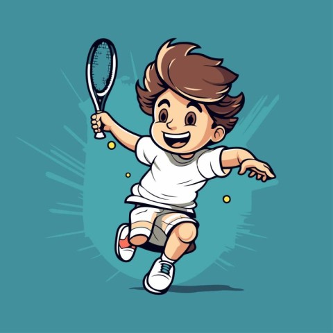 Cartoon boy playing tennis. Vector illustration of a boy playing