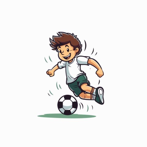 Cartoon soccer player kicking the ball. Vector illustration isol