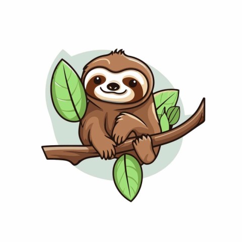 Cute sloth sitting on a tree branch. Vector illustration.