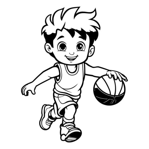 Cartoon boy playing basketball. Black and white vector illustrat