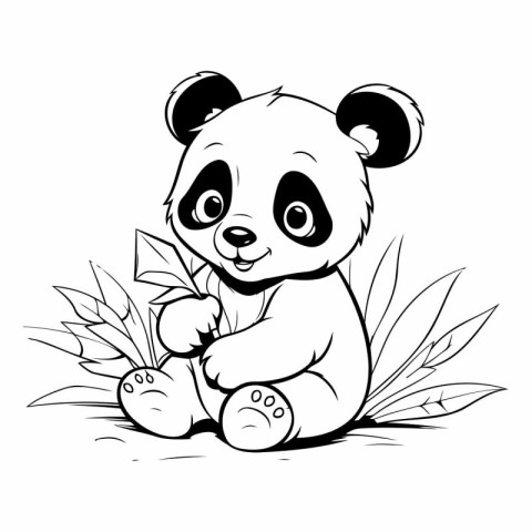 Cute cartoon panda sitting on the grass and holding a baby