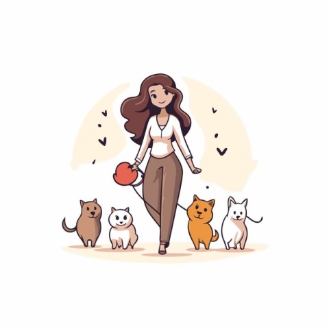 Beautiful woman walking with her pets. Vector illustration in ca