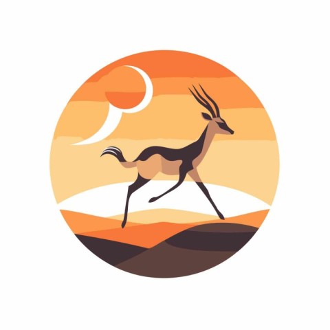 Vector illustration of a gazelle on the background of the sunset