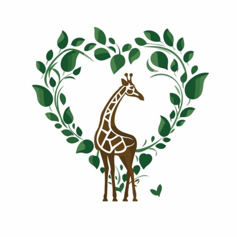 Giraffe in heart shape with green leaves. Vector illustration.