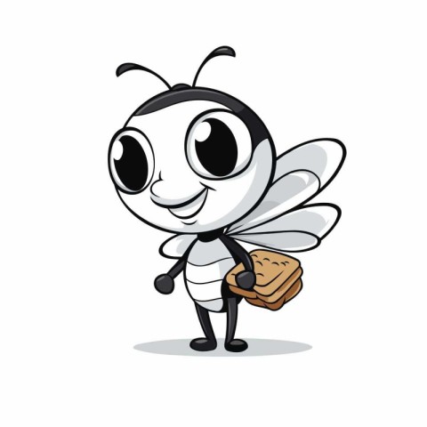 Cute cartoon bee carrying a bag of bread. Vector illustration.