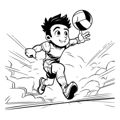 Black and white illustration of a young boy playing soccer with