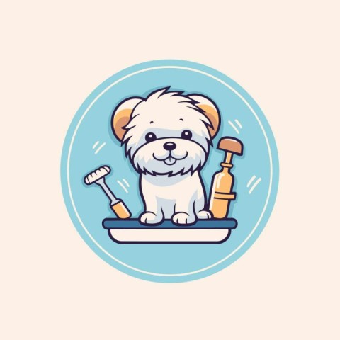 Cute cartoon dog in a bowl with tools. Vector illustration.