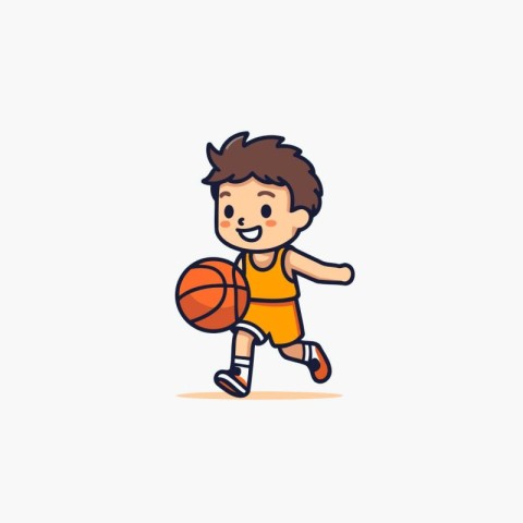 Cute cartoon boy playing basketball. Vector illustration on whit