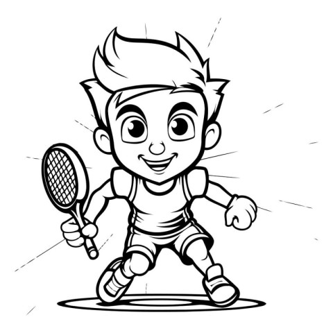 Black and White Cartoon Illustration of Little Boy Tennis Player