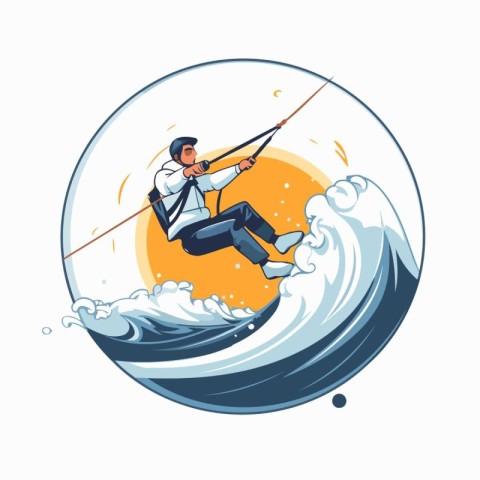 Kitesurfing sport vector icon. Man riding wakeboard on the wave